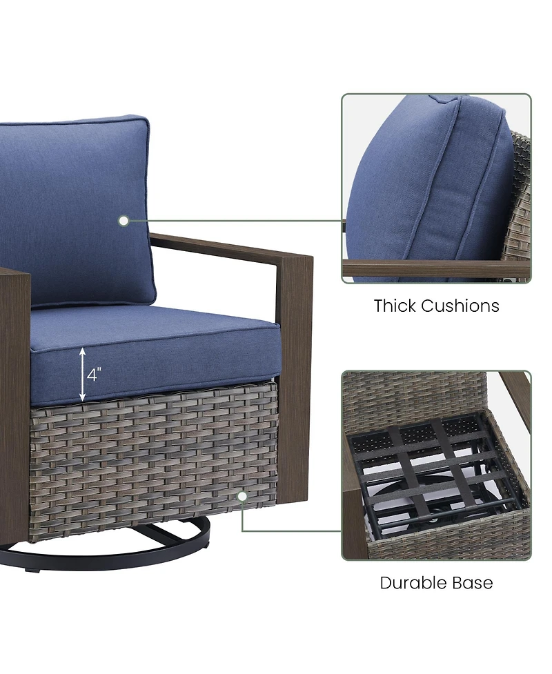 Gymojoy CubeEdge Brown Wicker Patio Swivel Chair Set Outdoor Rocking with CushionGuard Blue Cushions (2-Pack）