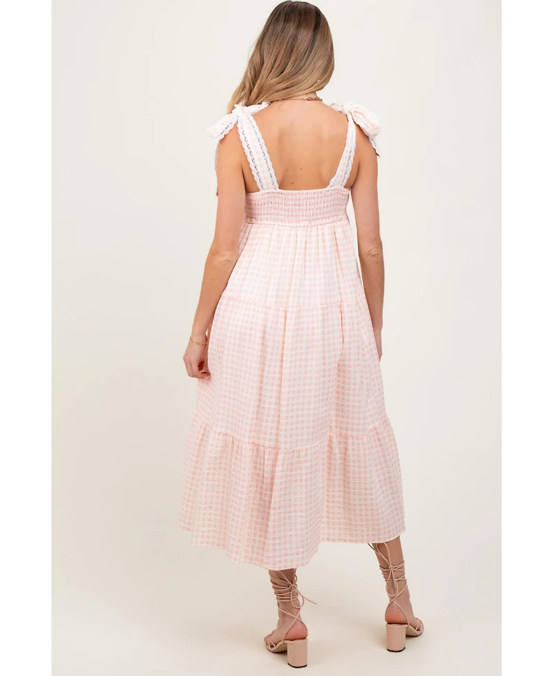 Pinkblush Maternity Light Pink Gingham Lace Trim Shoulder Tie Maxi Dress