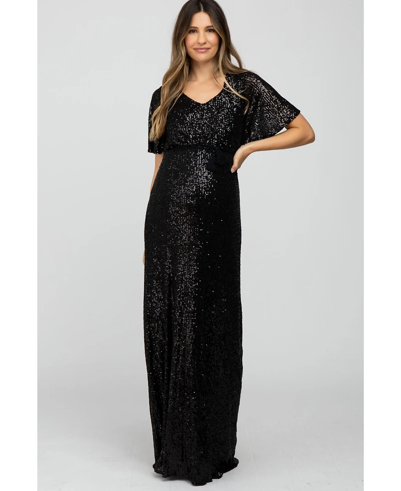 Pinkblush Maternity Black Sequin Short Sleeve Maxi Dress