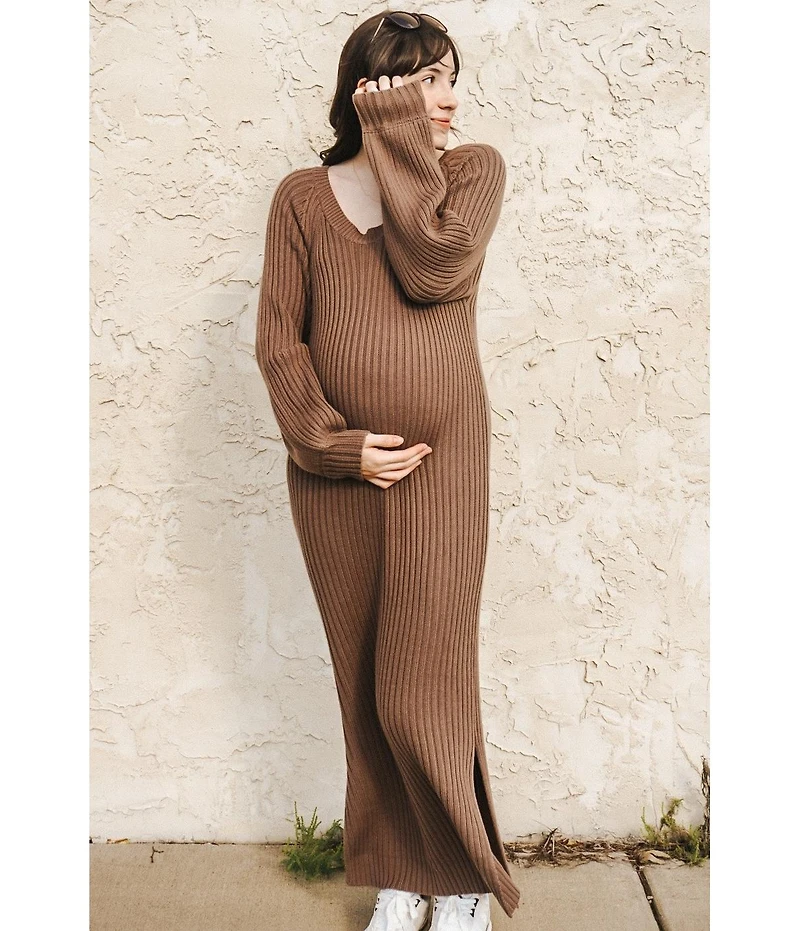 Pinkblush Women's Mauve Side Slit Maternity Maxi Sweater Dress