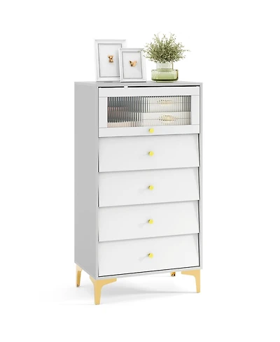 Volenca 4 Drawer Modern Storage Cabinet with Flip Up Fluted Glass Door