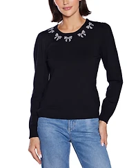 Belldini Women's Puff Sleeve Embellished Neckline Sweater