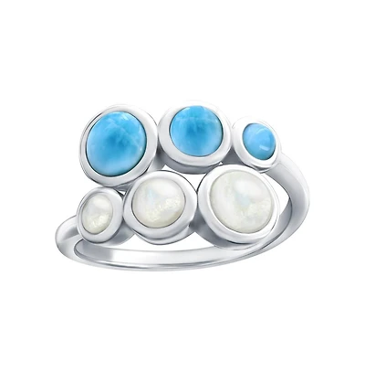 Sterling Silver, Graduating Round Mop & Larimar Bypass Ring
