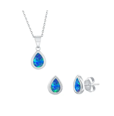 Sterling Silver, Pearshaped Opal Pendant & Earrings Set