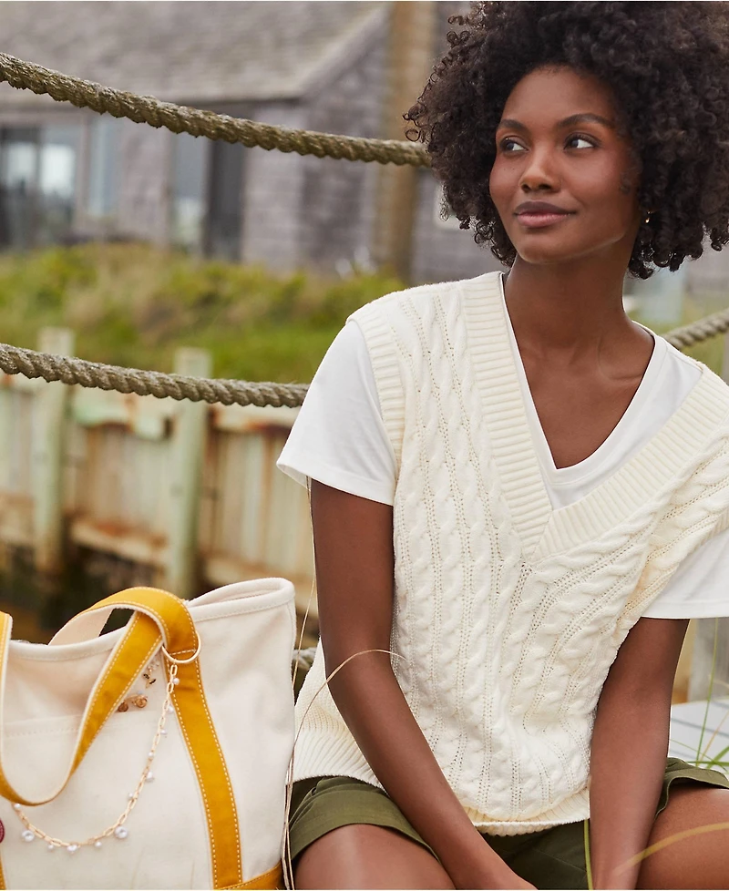 Lands' End Women's Drifter Modern Cable V Neck Vest Sweater