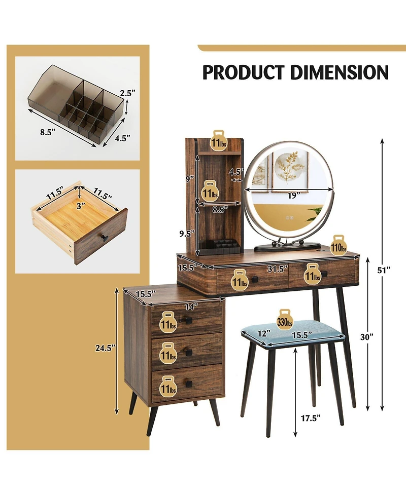 Vanity Table Set with 3-Color Lighted Mirror and Cushioned Stool