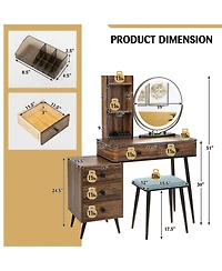 Vanity Table Set with 3-Color Lighted Mirror and Cushioned Stool