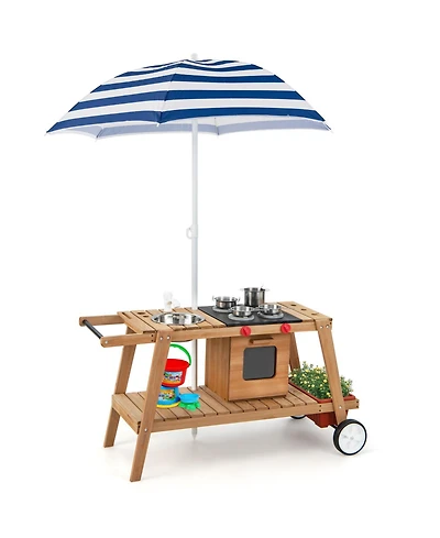 Kid's Play Trolley Outdoor Wooden Kids Play Cart with Sun Umbrella for Toddlers 3+