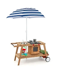 Kid's Play Trolley Outdoor Wooden Kids Play Cart with Sun Umbrella for Toddlers 3+