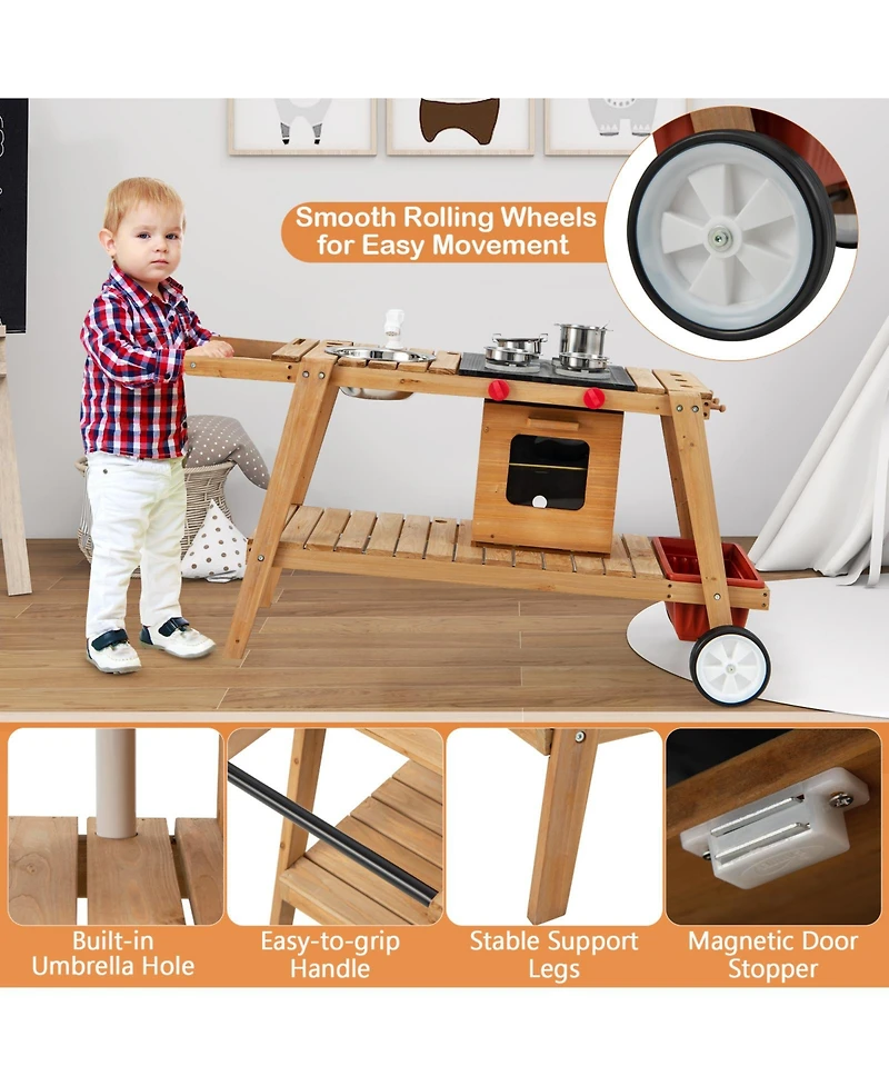 Kid's Play Trolley Outdoor Wooden Kids Play Cart with Sun Umbrella for Toddlers 3+