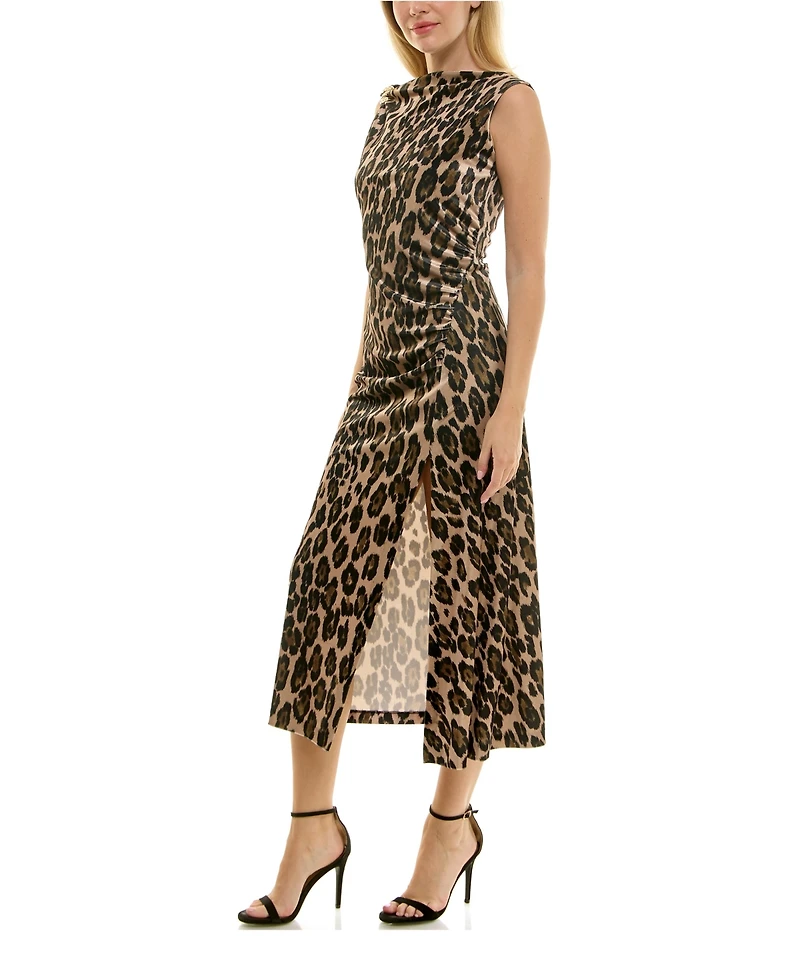 Taylor Women's Cowl Neck Animal-Print Ruched Velvet Dress