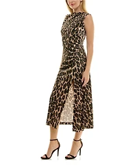 Taylor Women's Cowl Neck Animal-Print Ruched Velvet Dress