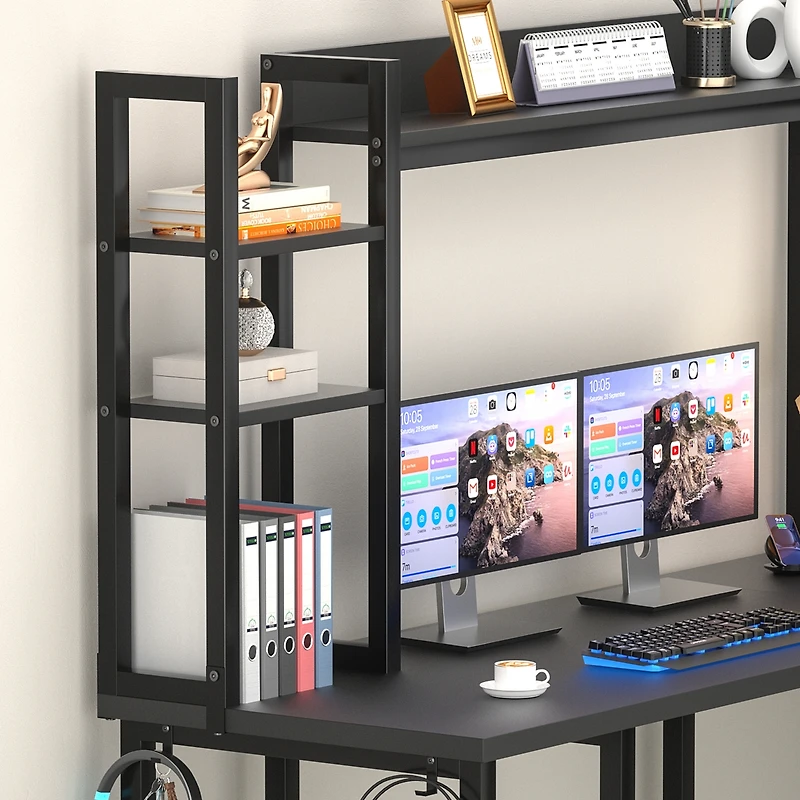 Aheaplus L-Shaped Desk with Hutch & Power Outlet, Corner Computer Led Lights