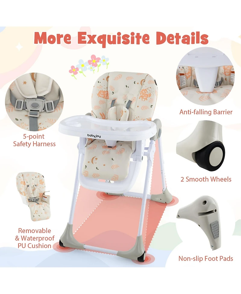 Gymax Baby High Chair w/ 7 Height & 3 Footrest Adjustable Cup holder 2 Wheels