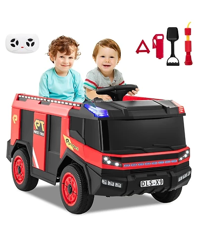 Gymax 2-Seater Kids Ride on Fire Truck w/Remote Control Water Gun Extinguisher Shovel