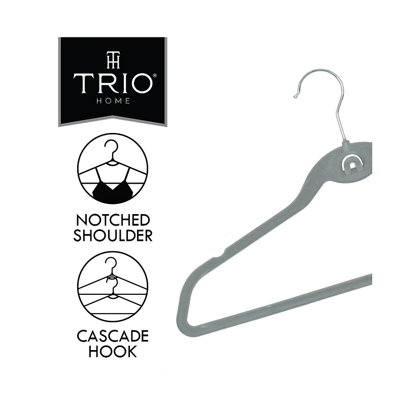 Trio Essentials 30PK Heavy Duty Velvet Hangers with Cascade Hook, 360 Degree Rotatable Hook Grey
