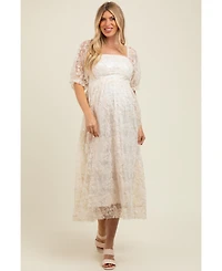 Pinkblush Women's Cream Floral Mesh Overlay Tie Back Maternity Midi Dress