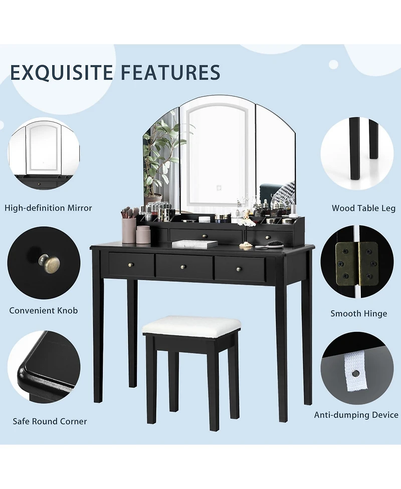 Volenca Vanity Table Stool Set with Large Tri-folding Lighted Mirror