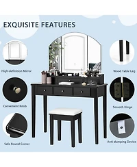 Volenca Vanity Table Stool Set with Large Tri-folding Lighted Mirror