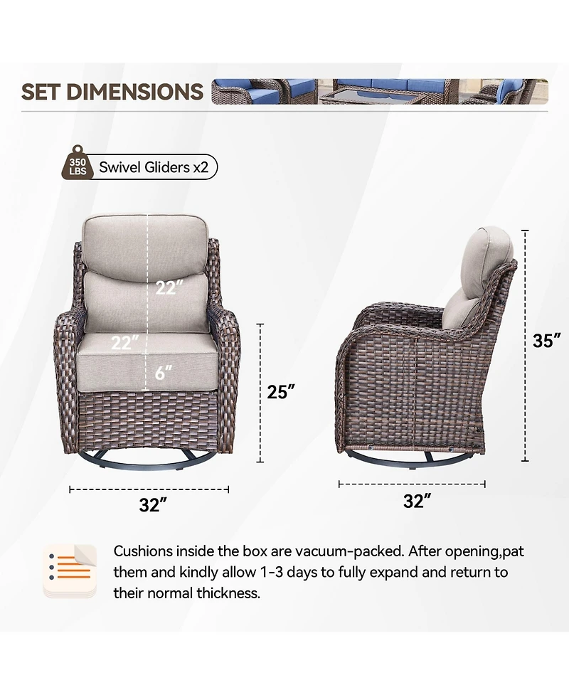 Gymojoy MoonLuxe Outdoor 2-Person Wicker Glider Patio Swivel Chairs with Olefin 6 in. Thick Cushions
