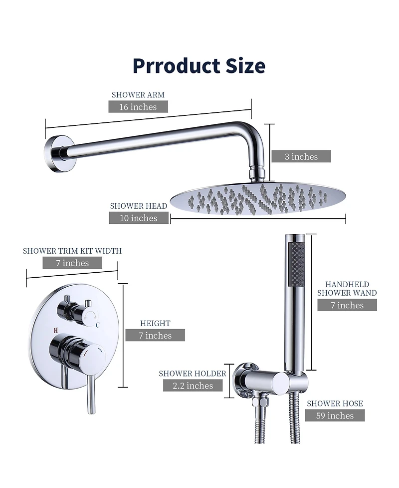 Rainsken Chrome Shower Faucet Combo Set with 10 Inch Rainfall Head & Handheld, Wall-Mounted for Bathroom Renovation and Daily Use,Silver