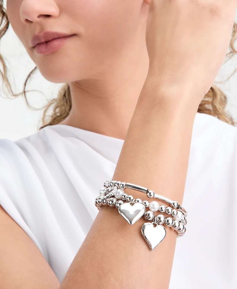 I.n.c. International Concepts 3-Pc. Set Pave Heart Imitation Pearl Beaded Stretch Bracelets, Macy's Exclusive