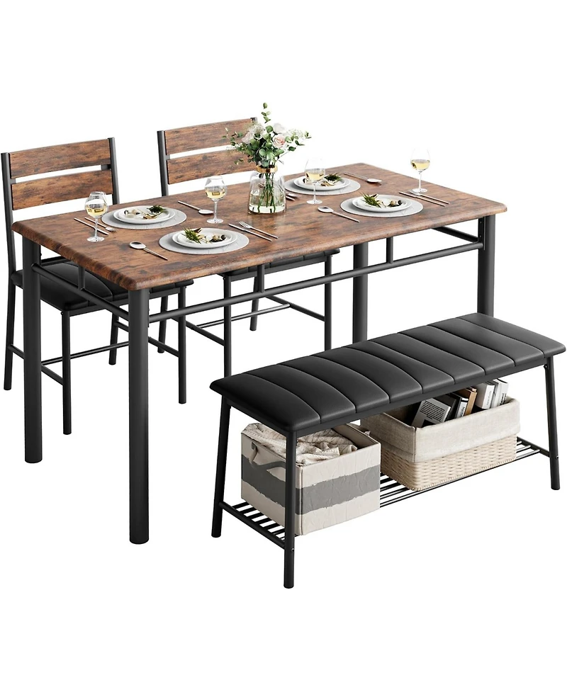 Ironck Dining Table Set for 4 with Upholstered Bench and 2 Chairs, Brown