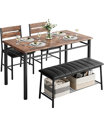Ironck Dining Table Set for 4 with Upholstered Bench and 2 Chairs, Brown