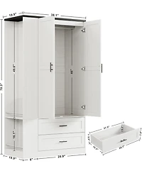 Likimio Wardrobe with Large Mirror, 2 Doors, 2 Drawers, and 2 Shelves, White