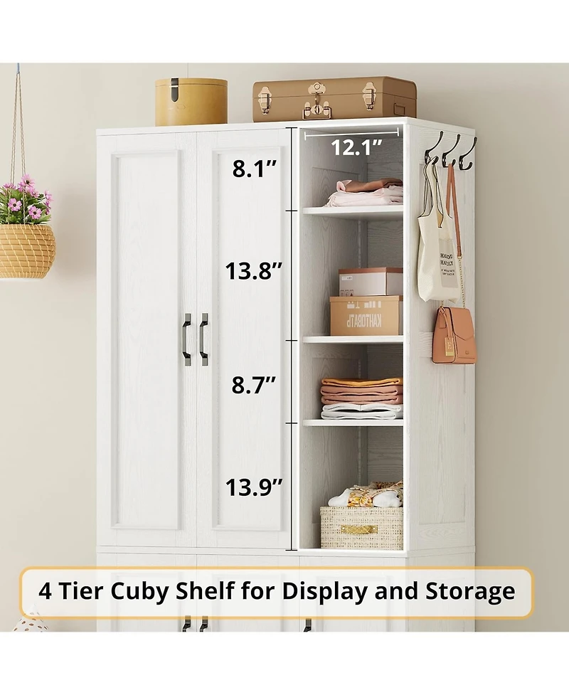 Wooden Wardrobe with 4 Storage Shelves and Hanging Rod, White