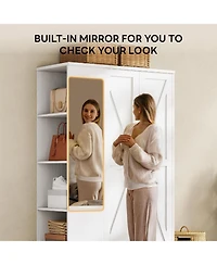Likimio Wooden Wardrobe with Mirror, 2 Doors, Drawer, and Shelves, White