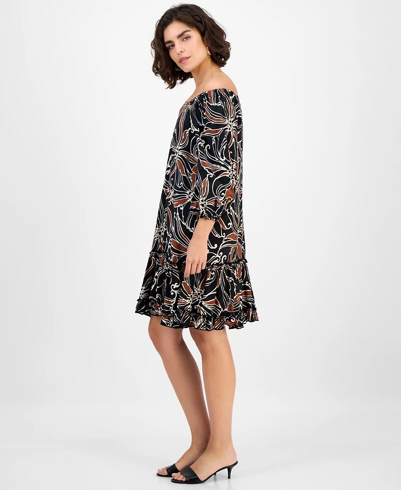 Robbie Bee Women's Square-Neck Ruffle-Trim 3/4-Sleeve Dress