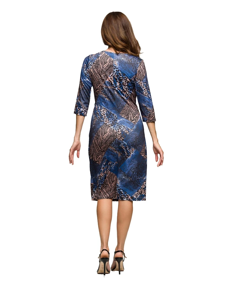 24seven Comfort Apparel Women's Three Quarter Sleeve Faux Wrap Dress