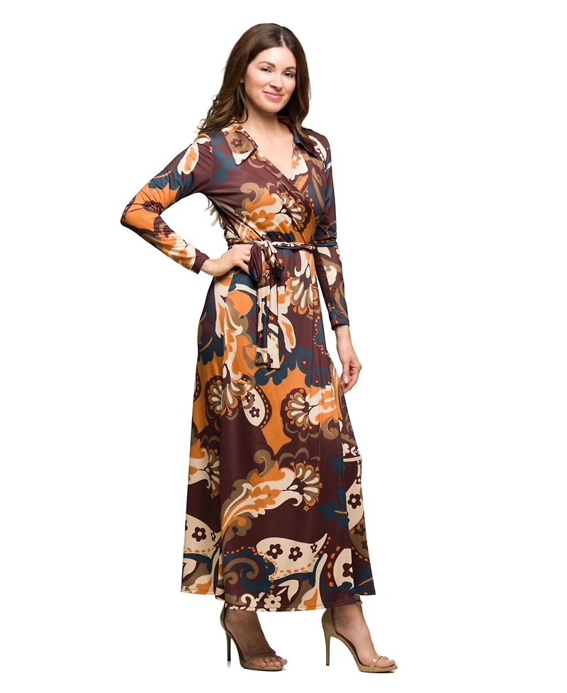 24seven Comfort Apparel Women's Brown Paisley Belt Waist Maxi Dress