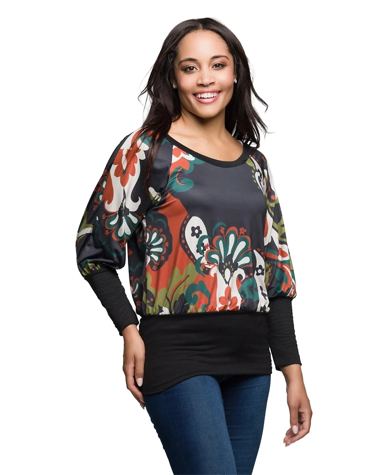 24seven Comfort Apparel Women's Paisley Multicolor Print Dolman Sleeve Banded Top