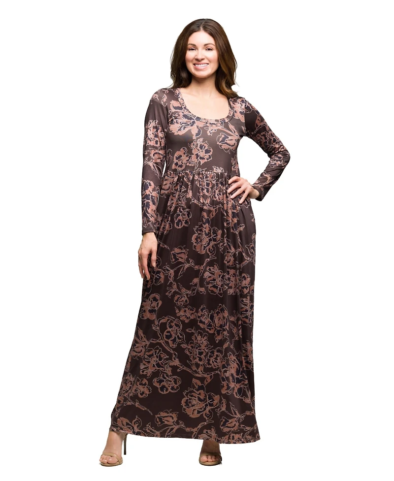 24seven Comfort Apparel Women's Brown Blush Floral Long Sleeve Dress