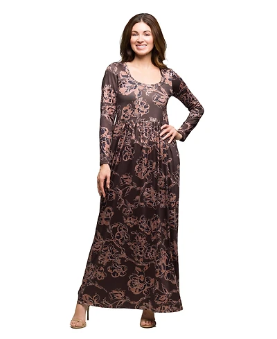 24seven Comfort Apparel Women's Brown Blush Floral Long Sleeve Dress