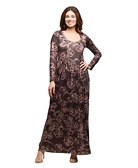 24seven Comfort Apparel Women's Brown Blush Floral Long Sleeve Dress