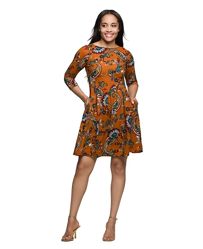 24seven Comfort Apparel Women's Rust Paisley Print Fit Flare Knee Length Dress