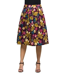 24seven Comfort Apparel Women's Purple Floral Elastic Waist Pocket Midi Skirt