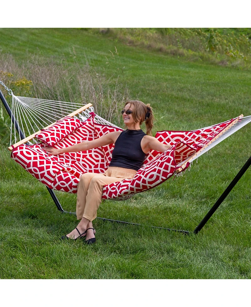 Cotton Rope Freestanding Hammock with Spreader Bar with Portable Steel Stand and Pad and Pillow Set - 12' Stand