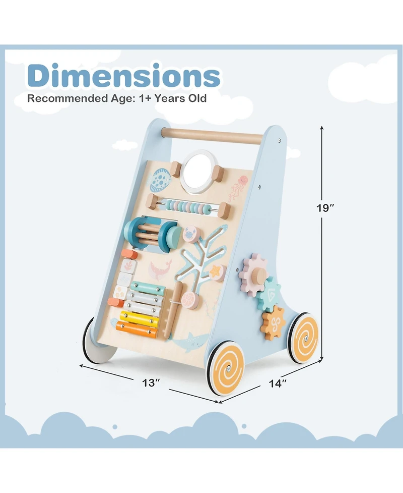 Gymax Wooden Baby Walker Sit to Stand Walker w/ Wheels Push & Pull Learning Activity Center