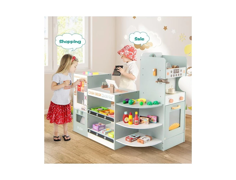 Akiudex Kids Wooden Grocery Store Playset with Cafe Playing and Vending Machine