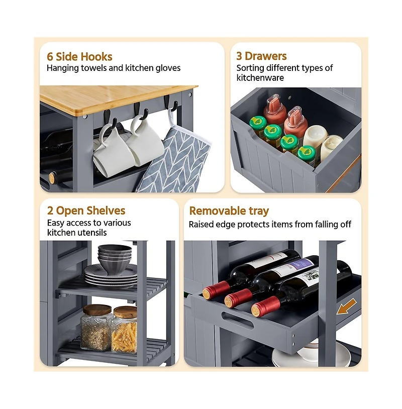 Yaheetech 33 H Rolling Kitchen Storage Serving Cart Dark Gray
