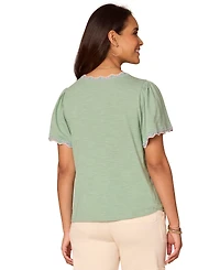 Democracy Women's Petite Crochet Split V-Neck Top