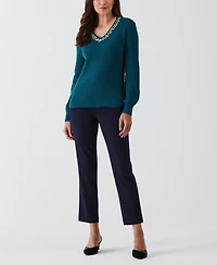 Ella Rafaella Petite Embellished V-Neck Long Sleeve Sweater