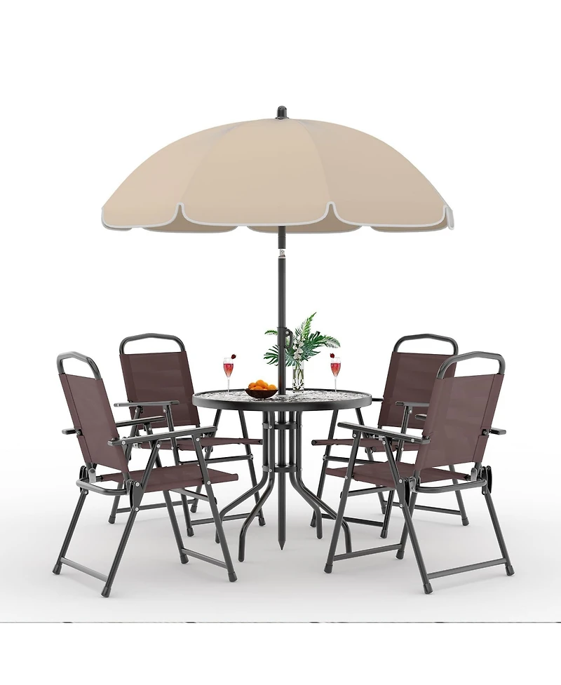 6 Pieces Patio Dining Set with Umbrella, Outdoor Furniture 4 Folding Chairs, Garden Umbrellas, Tempered Glass