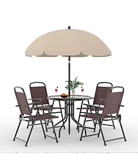 6 Pieces Patio Dining Set with Umbrella, Outdoor Furniture 4 Folding Chairs, Garden Umbrellas, Tempered Glass
