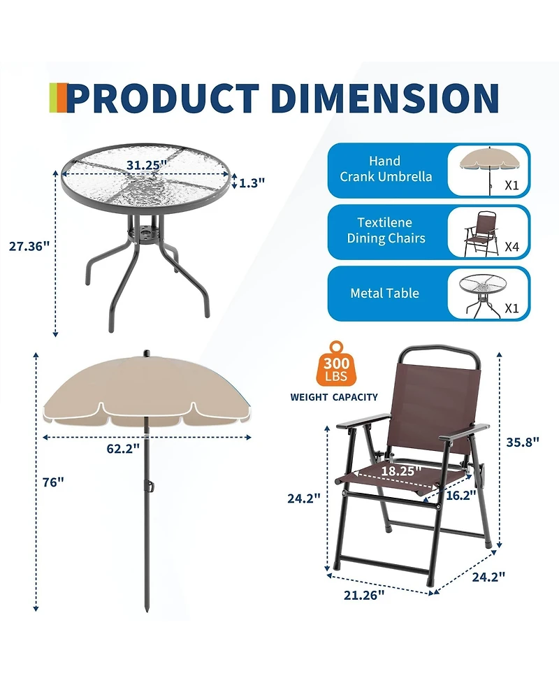 6 Pieces Patio Dining Set with Umbrella, Outdoor Furniture 4 Folding Chairs, Garden Umbrellas, Tempered Glass