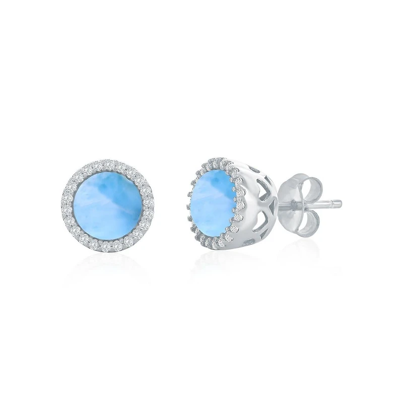 Caribbean Treasures Sterling Silver, Round Larimar, Cz Halo Studs